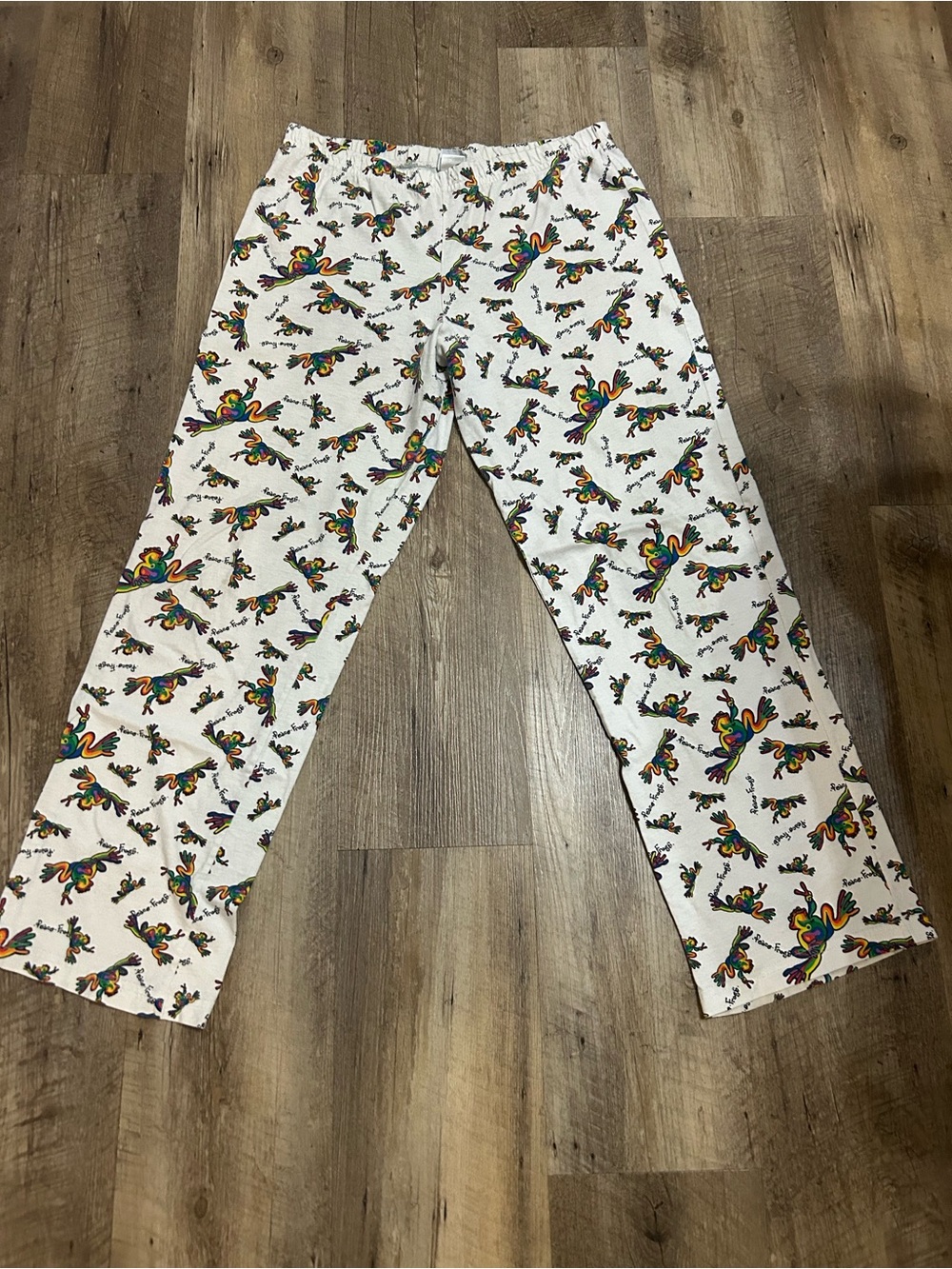 Peace Frog White Pajama Pants with Colorful Rainbow Frog Print